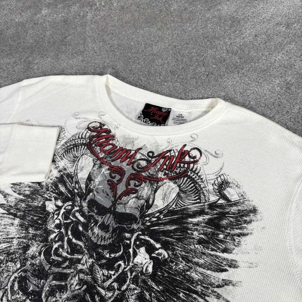Y2K Miami Ink Shirt Mens L White Thermal Waffle Knit Long Sleeve Skull Tattoo